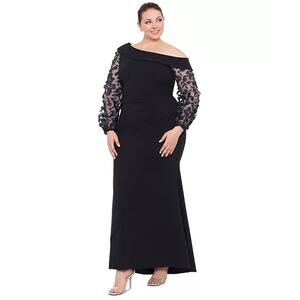 NWT XSCAPE Black Off The Shoulder Floral Sleeve Formal Elegant Evening Gown